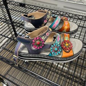 Spring Step Blue and Orange Sandals Vibrant Artistic Design